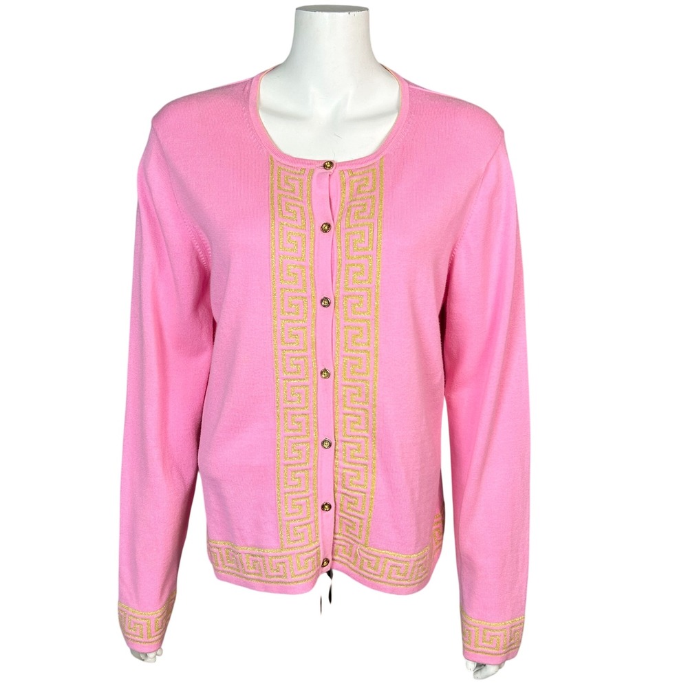 Lilly Pulitzer Cardigan Sweater XL Pink Greek Key Gold‎ VTG Old Hollywood